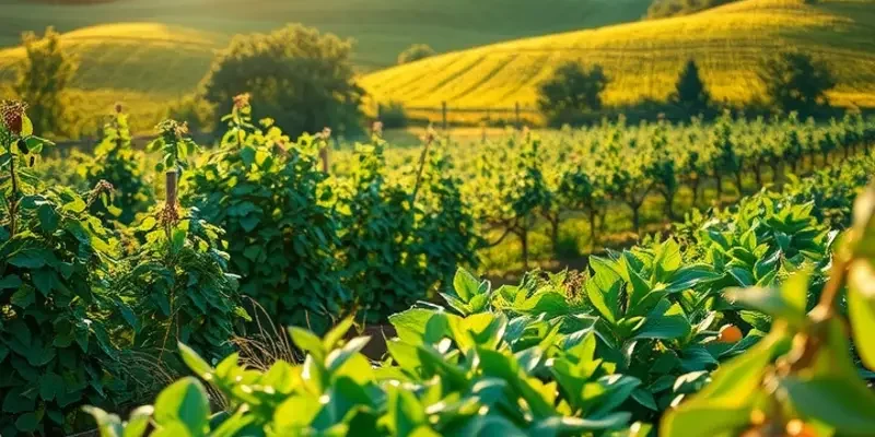 A stunning landscape with an array of organic vegetables and fruits growing naturally in a sunlit setting.