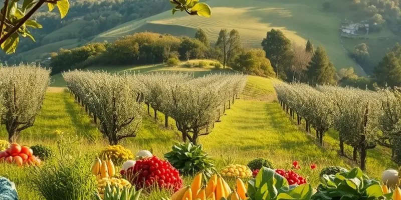 A sunlit landscape featuring lush greenery and an abundance of organic fruits and vegetables, highlighting the essence of healthy eating.