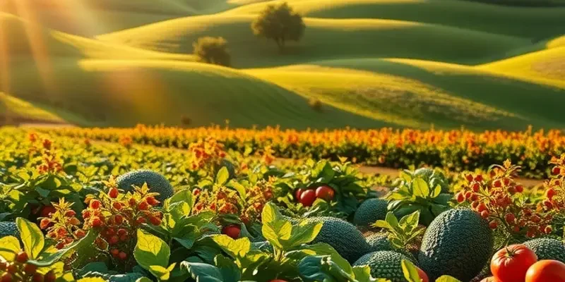 A harmonious landscape with vibrant vegetables and fruits, symbolizing healthy nutrition.