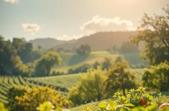 A scenic landscape filled with colorful organic vegetables and fruits growing naturally.