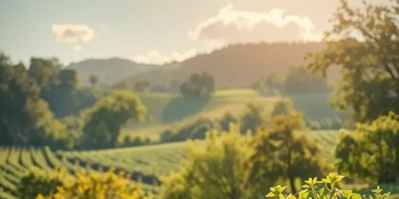 A scenic landscape filled with colorful organic vegetables and fruits growing naturally.