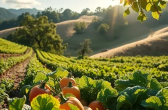 A luminous landscape showcasing an orchard filled with fresh, organic fruits and vegetables under warm sunlight.