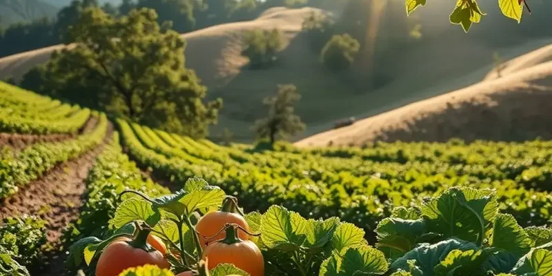 A luminous landscape showcasing an orchard filled with fresh, organic fruits and vegetables under warm sunlight.
