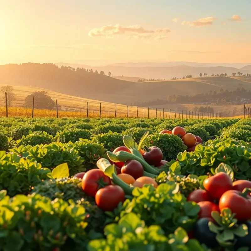 A sunlit field brimming with vibrant vegetables and fruits, symbolizing the abundance of healthy nutrition.