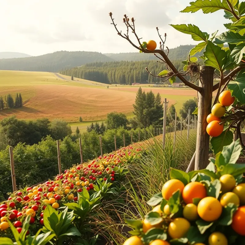 A vibrant orchard showcasing fresh vegetables and fruits.