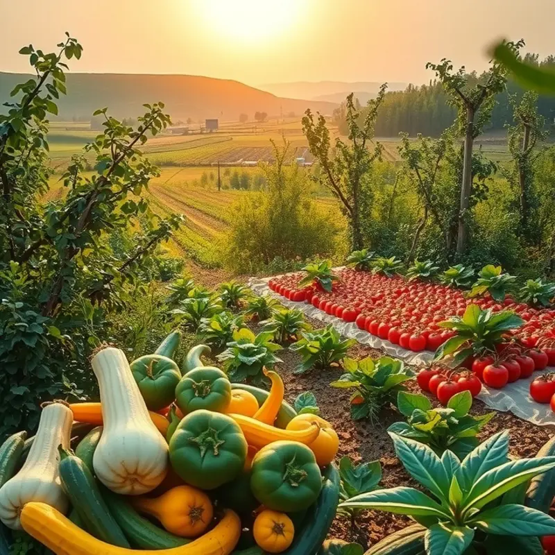 A serene sunlit field showcasing vibrant vegetables and fruits.