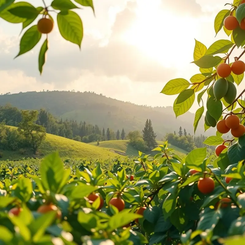 A sunlit field showcasing vibrant vegetables and fruits.