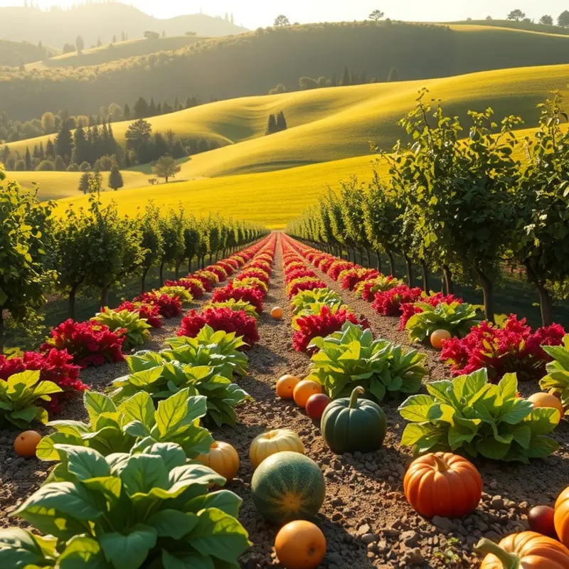A sunlit field showcasing vibrant vegetables and fruits.