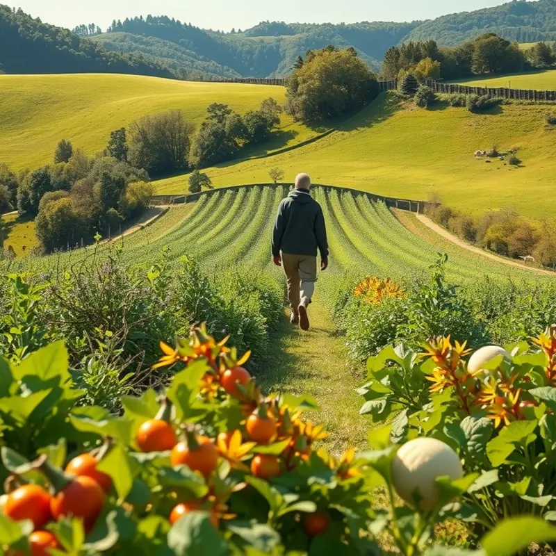 A sunlit field showcasing vibrant vegetables and fruits flourishing in a natural landscape.
