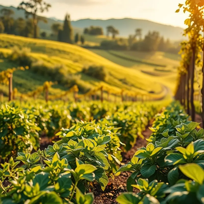 A vibrant sunlit field filled with organic fruits and vegetables.