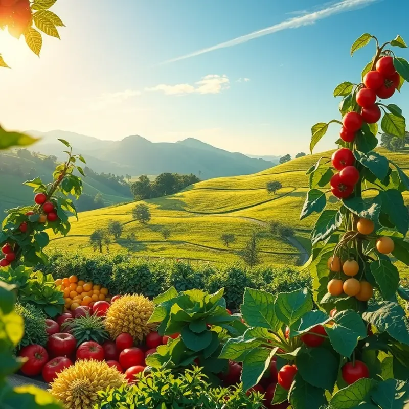 A serene sunlit field filled with vibrant fruits and vegetables that symbolizes fresh, organic eating.