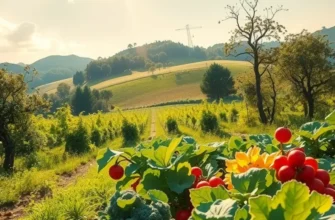 A lush field filled with organic fruits and vegetables in a serene landscape.
