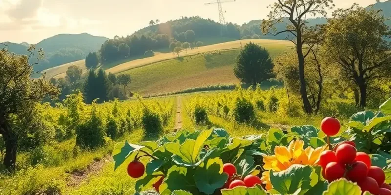 A lush field filled with organic fruits and vegetables in a serene landscape.