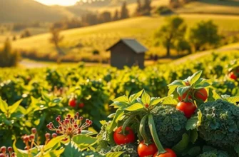 A lush landscape with garlic growing naturally among other vegetables.
