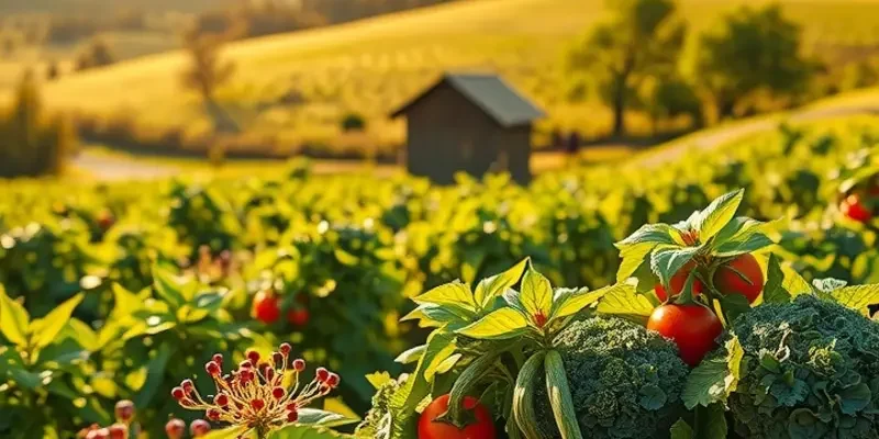 A lush landscape with garlic growing naturally among other vegetables.