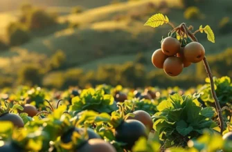 A picturesque field featuring lush vegetables and fruits under warm sunlight.