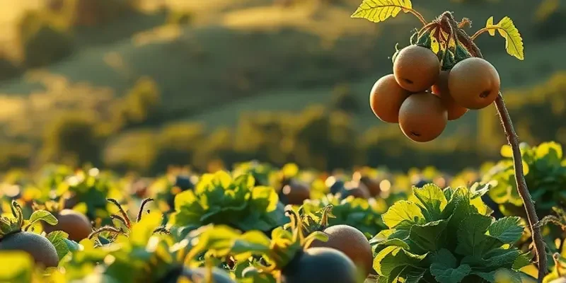A picturesque field featuring lush vegetables and fruits under warm sunlight.