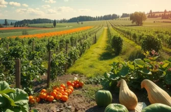A picturesque view of a sunny field with lush vegetables and fruits.