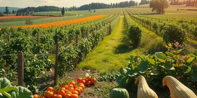 A picturesque view of a sunny field with lush vegetables and fruits.