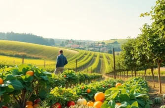 A scenic landscape depicting a harvest of organic fruits and vegetables in a picturesque setting.