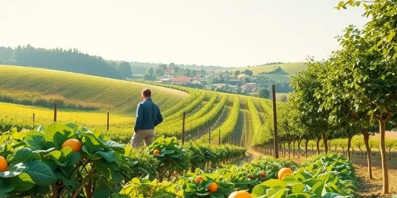 A scenic landscape depicting a harvest of organic fruits and vegetables in a picturesque setting.