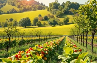 A vibrant organic field showcasing various vegetables and garlic plants thriving in nature.