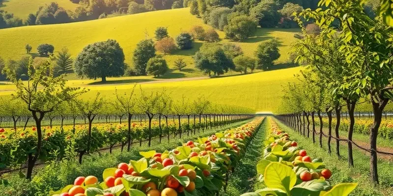 A vibrant organic field showcasing various vegetables and garlic plants thriving in nature.