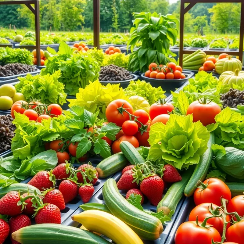 A sunlit field rich with vibrant organic vegetables and fruits.