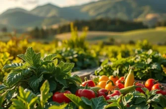 A serene landscape filled with lush greenery and organic vegetables under soft sunlight.