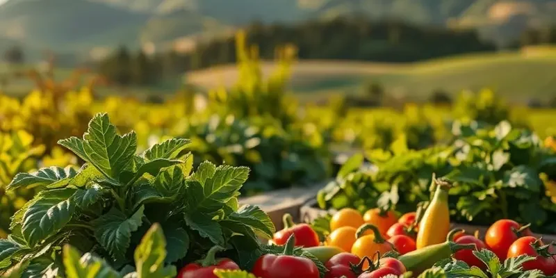 A serene landscape filled with lush greenery and organic vegetables under soft sunlight.