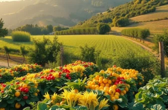 A photorealistic landscape depicting a lush field with a variety of fresh organic produce thriving in sunlight.