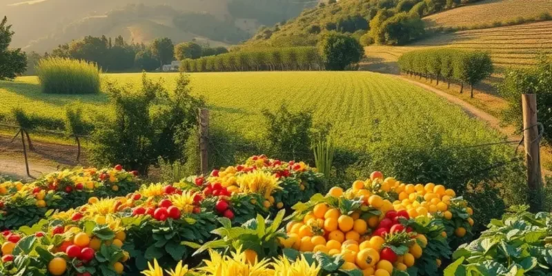 A photorealistic landscape depicting a lush field with a variety of fresh organic produce thriving in sunlight.