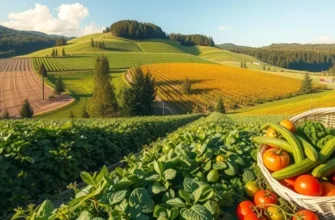 A natural landscape filled with fresh vegetation and fruits.