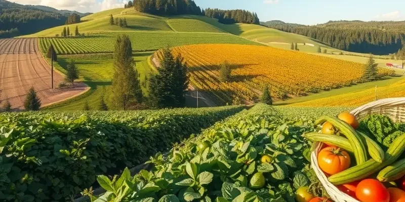 A natural landscape filled with fresh vegetation and fruits.
