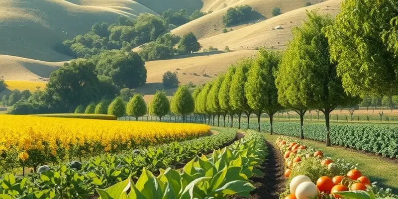 A sunlit orchard featuring a variety of healthy fruits and vegetables in lush greenery.