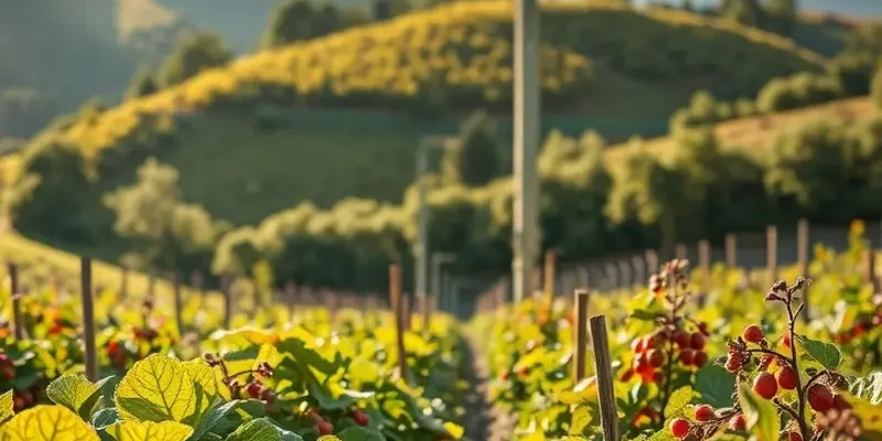 A beautiful landscape displaying a lush field filled with various organic vegetables and fruits.