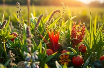 A beautiful sunlit field showcasing an abundance of organic fruits and vegetables grown in a natural setting.