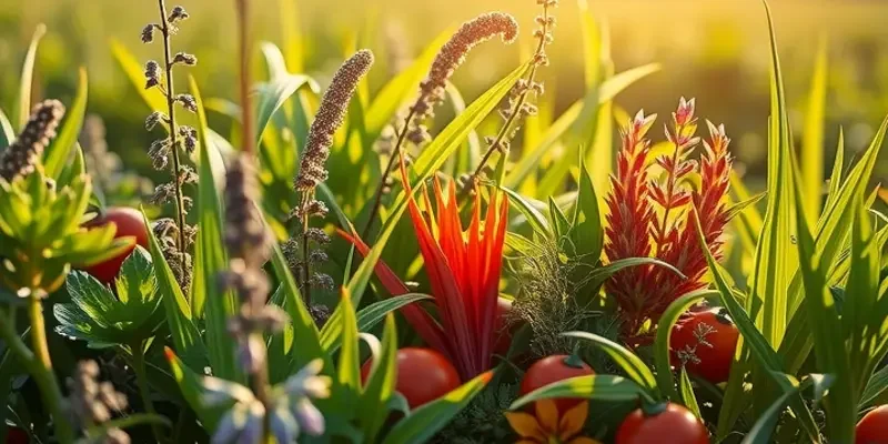 A beautiful sunlit field showcasing an abundance of organic fruits and vegetables grown in a natural setting.