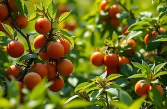 A vibrant sunlit field with various fruits and vegetables growing naturally among lush greenery.