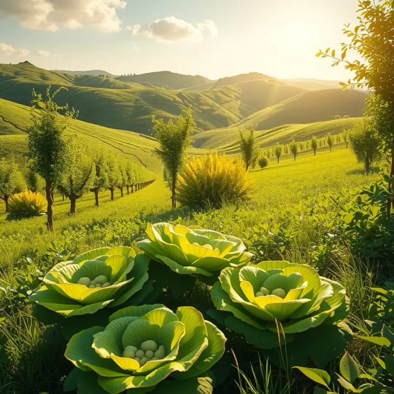 A sunlit organic field showcasing vibrant produce.
