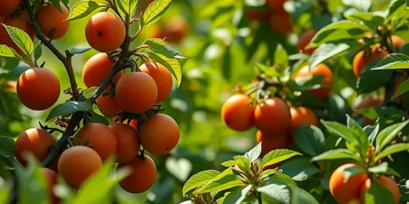 A vibrant sunlit field with various fruits and vegetables growing naturally among lush greenery.