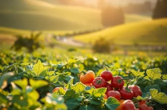 A beautiful landscape of organic vegetables and fruits thriving under the sun in a lush field.