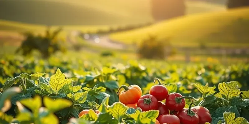 A beautiful landscape of organic vegetables and fruits thriving under the sun in a lush field.