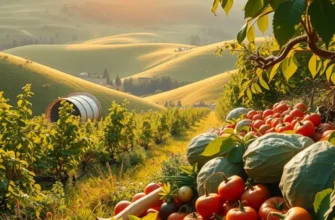 A picturesque view of an organic produce field filled with vibrant vegetables and fruits under the sun.