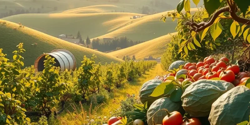 A picturesque view of an organic produce field filled with vibrant vegetables and fruits under the sun.