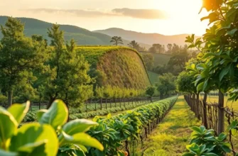 A beautiful landscape depicting a lush organic farm with a variety of fruits and vegetables.