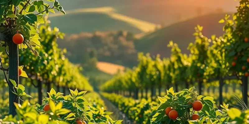 A beautiful natural scene depicting lush, organic produce in a sunlit landscape.