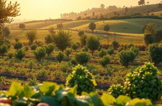 A beautiful landscape displaying a variety of organic fruits and vegetables growing in a vibrant field.