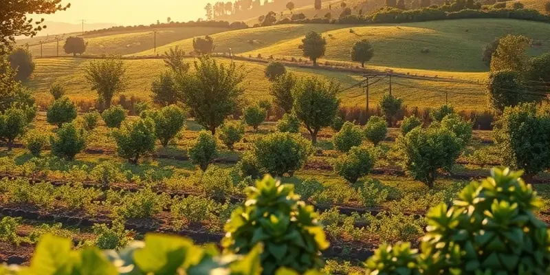 A beautiful landscape displaying a variety of organic fruits and vegetables growing in a vibrant field.