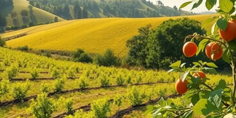 A beautiful landscape highlighting organic fruits and vegetables growing in a natural environment.